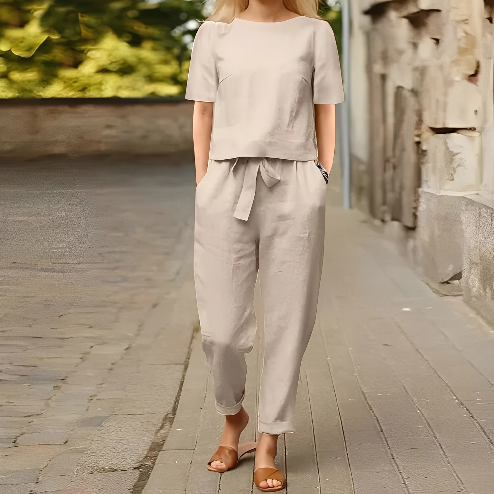 Kerine - Ensemble pantalon en coton et lin pour femme