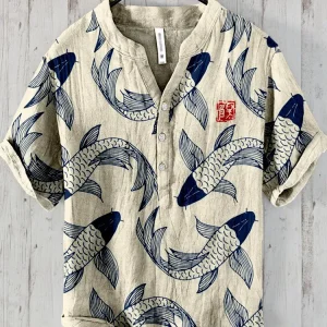 Ogie – Chemise en lin avec motif de poisson vintage