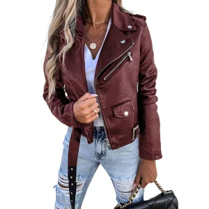 Tiana - Blouson en cuir style motard vintage avec zip pour femmes