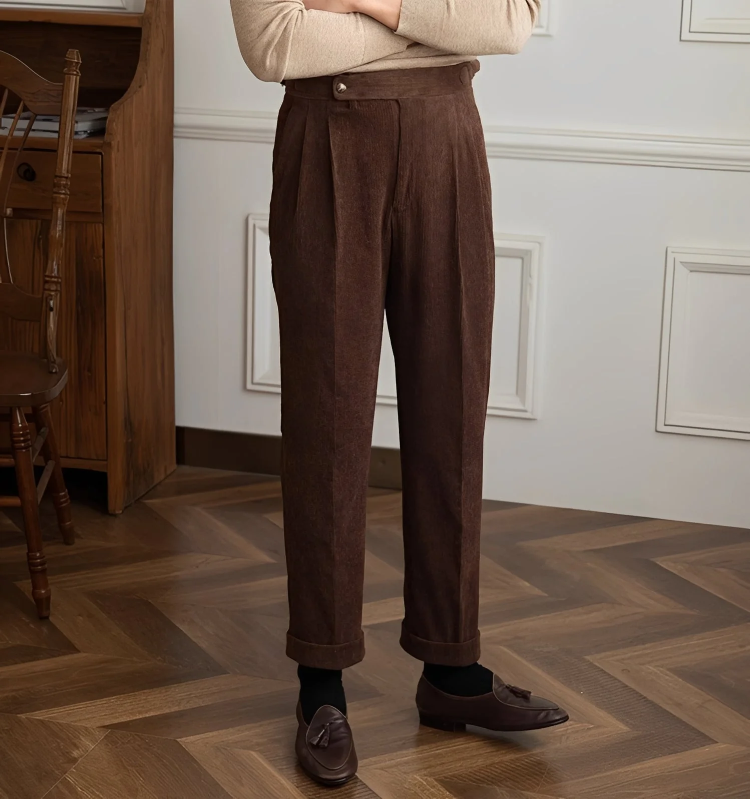 Keaton - Pantalon moderne pour hommes en velours côtelé à taille haute – Image 4