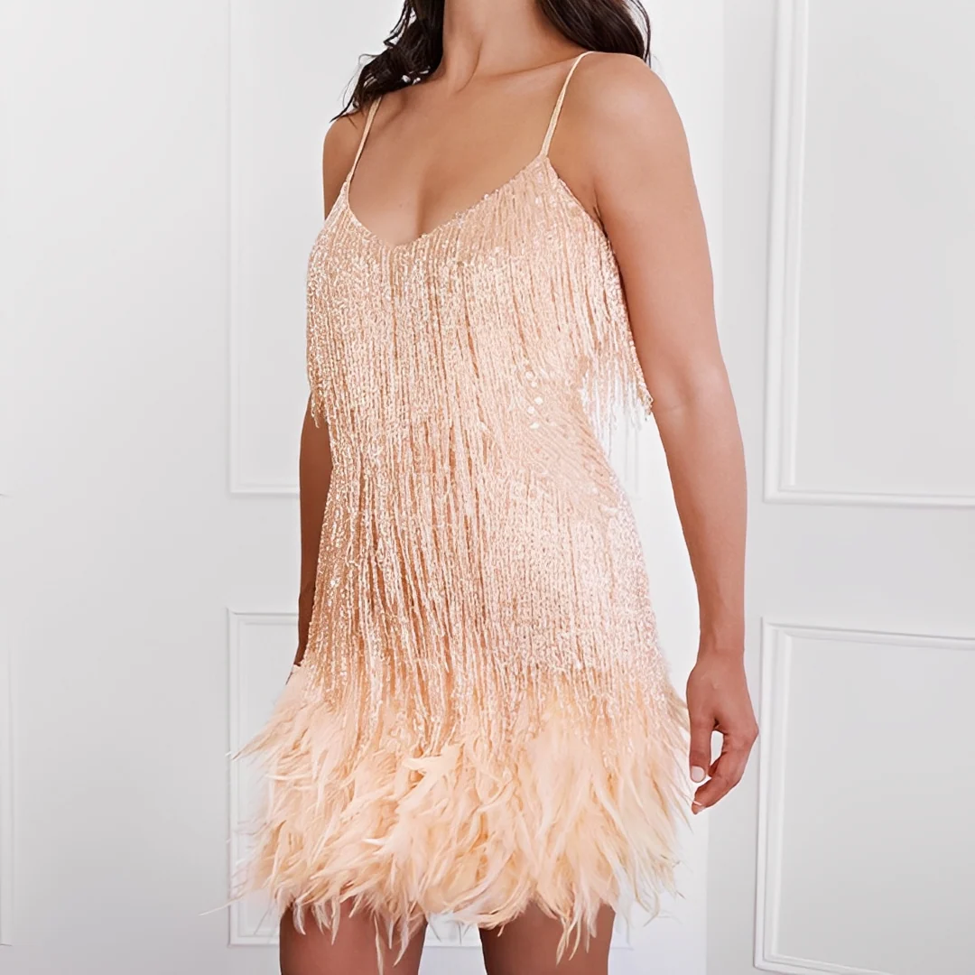Monique - Robe élégante avec franges en plumes pour femmes – Image 4