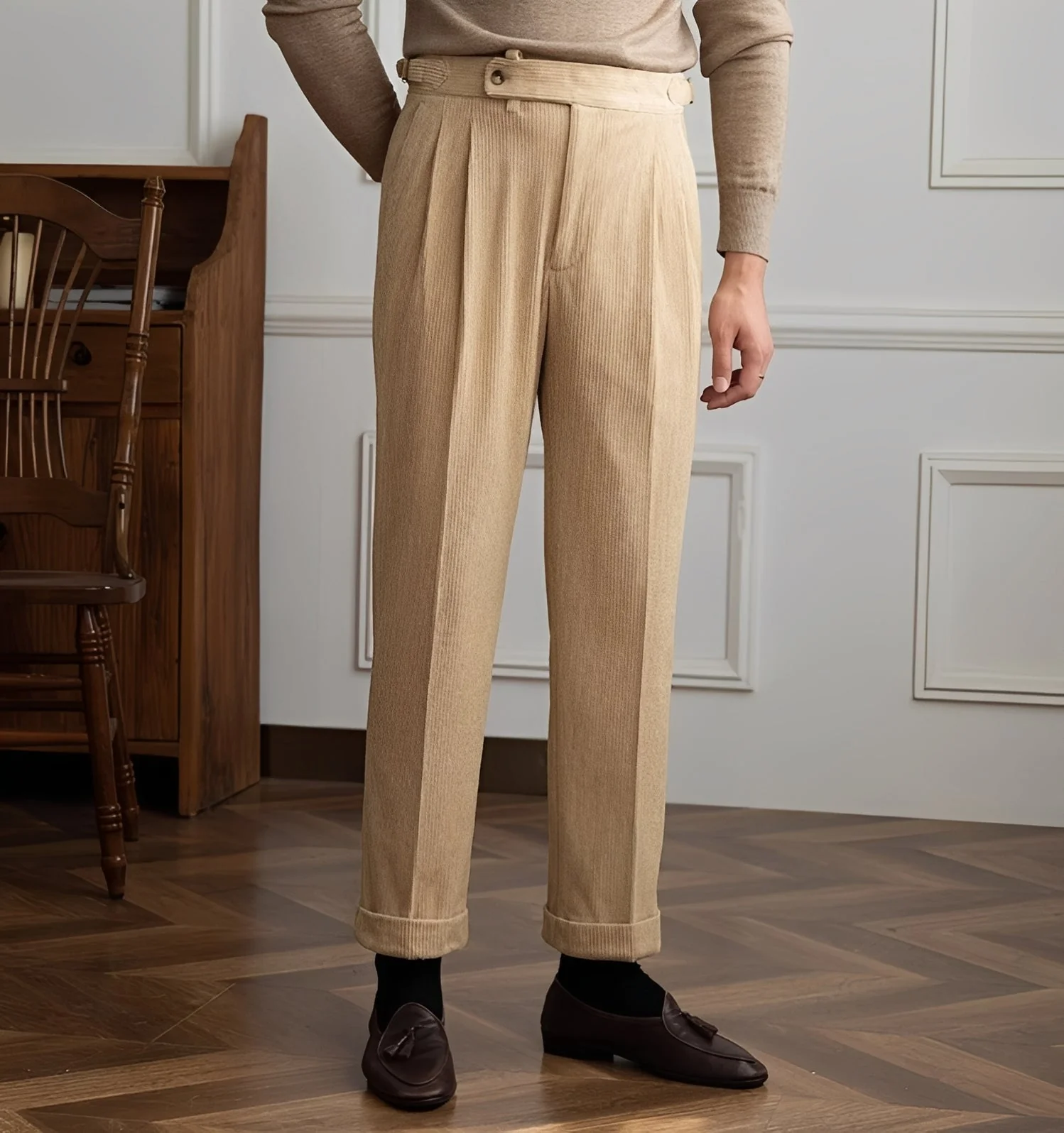 Keaton - Pantalon moderne pour hommes en velours côtelé à taille haute – Image 2