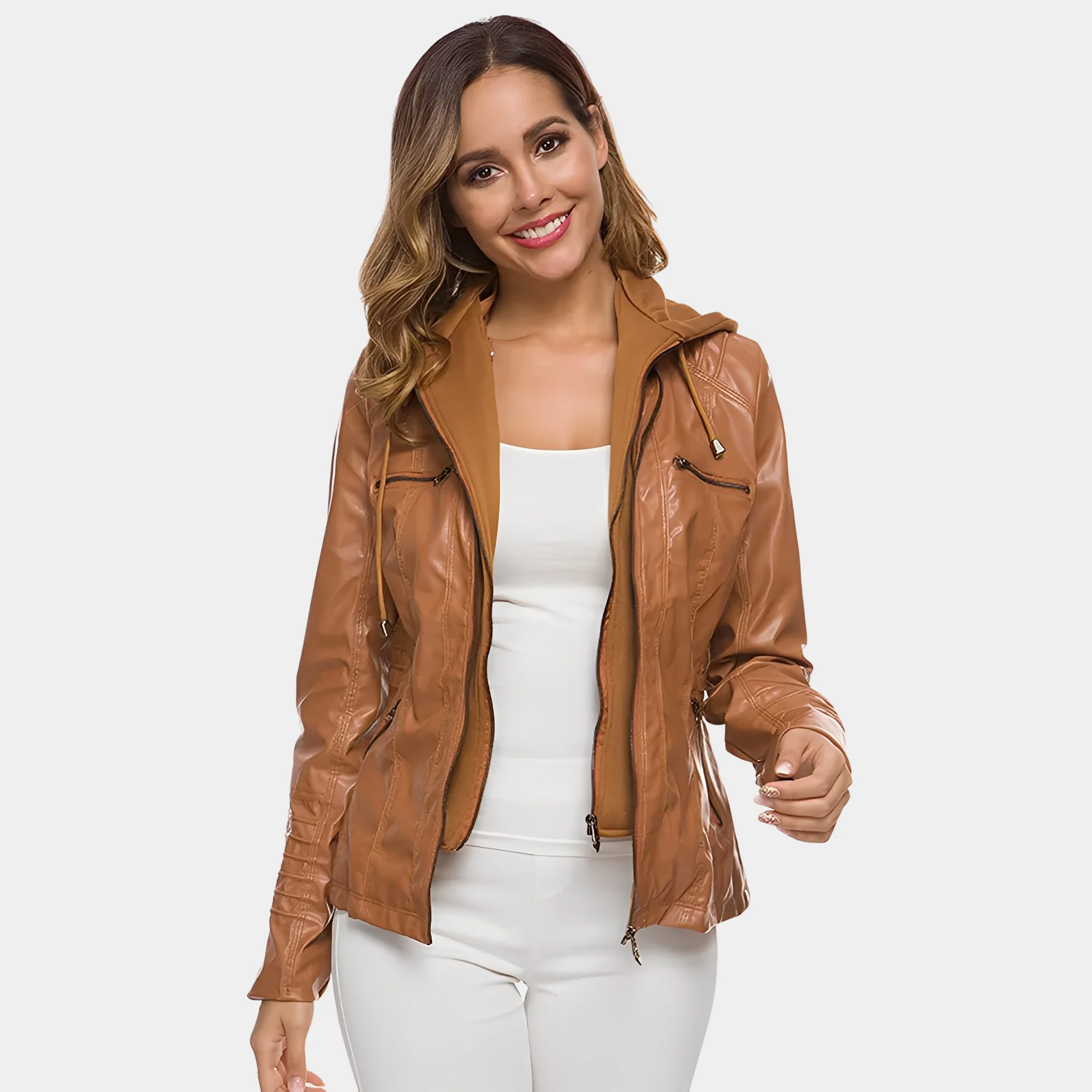 Jaylene - Veste imperméable et chic en cuir avec capuche pour femmes – Image 3