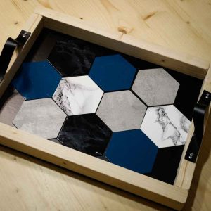 Plateau apéritif et sous-verres – Bleu & marbre