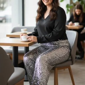 Pantalon à Paillettes Argent Femme - Coupe Fluide Soirée et Fêtes - Taille Unique